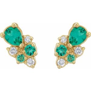 14K Yellow Lab-Grown Emerald & 1/10 CTW Lab-Grown Diamond Cluster Earrings