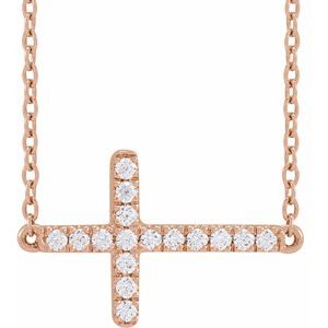 14K Rose 1/6 CTW Lab-Grown Diamond Sideways Cross 16-18" Necklace